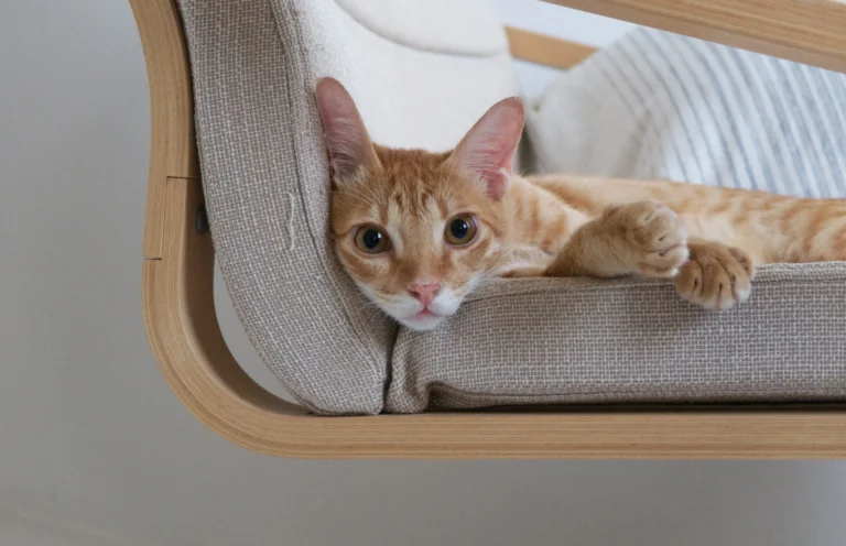An orange tabby cat lies comfortably on a beige cushioned chair.